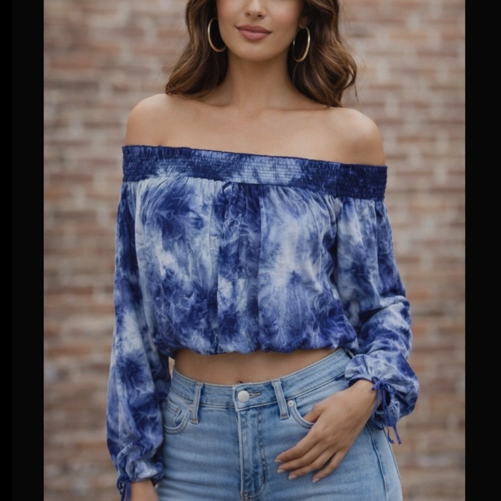 AMERICAN EAGLE Off Shoulder Tie Dye Purple Off Shoulder Cropped Flowy Blouse XXS